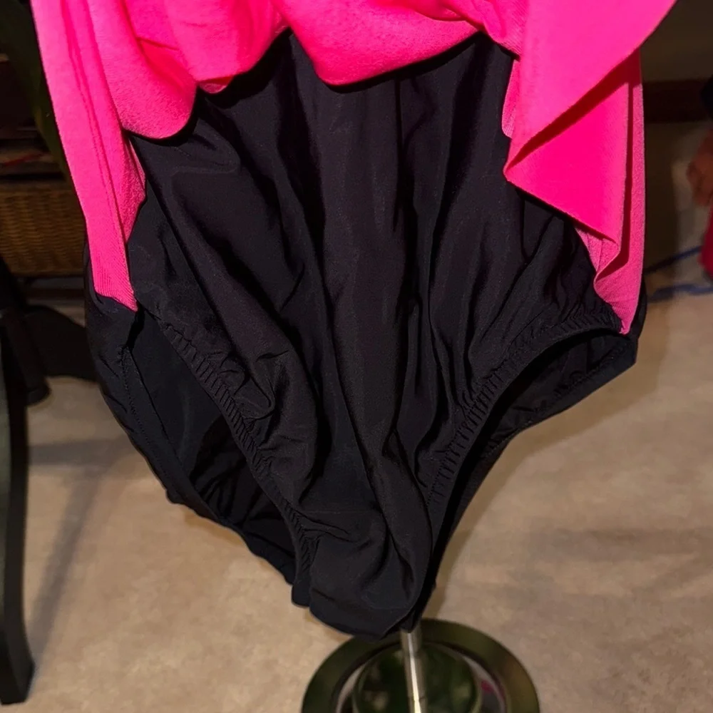 Aqua Green Pink One Piece Swimsuit V-Neck